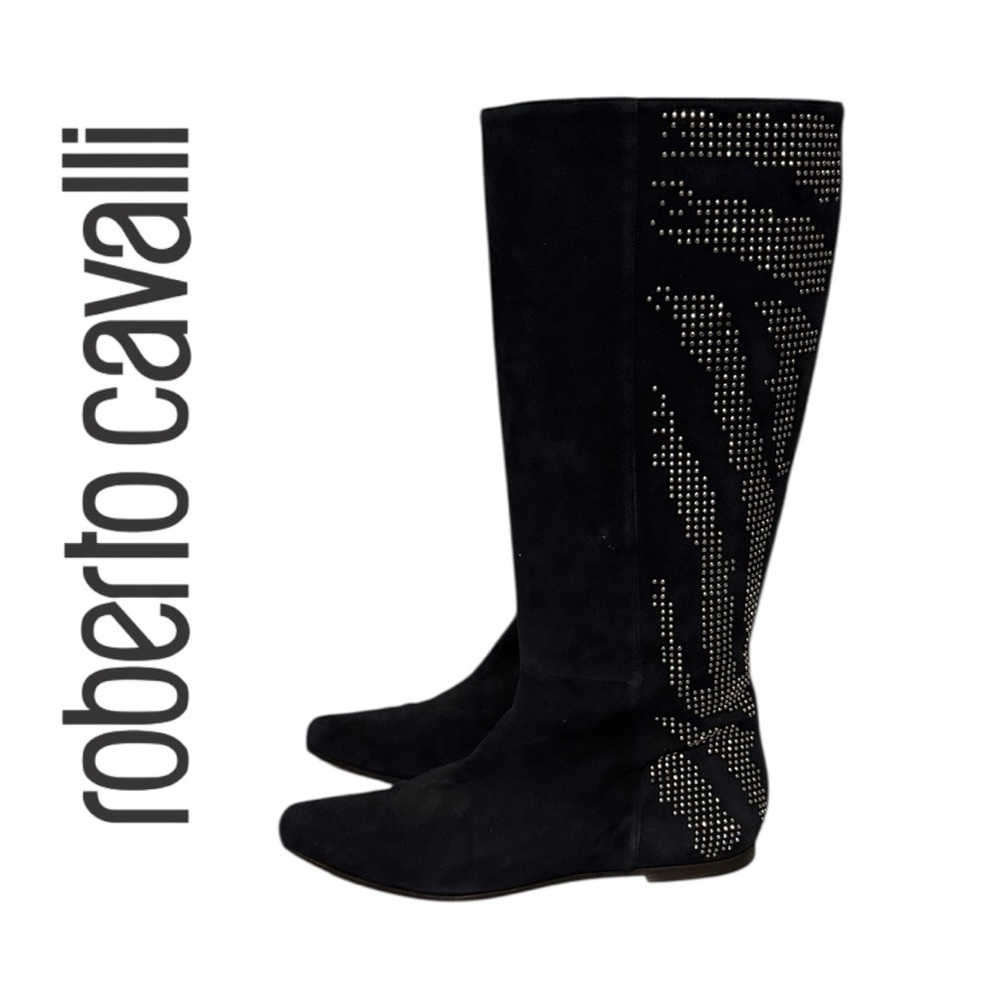 Roberto Cavalli Black Heeled Boots with Silver Stud